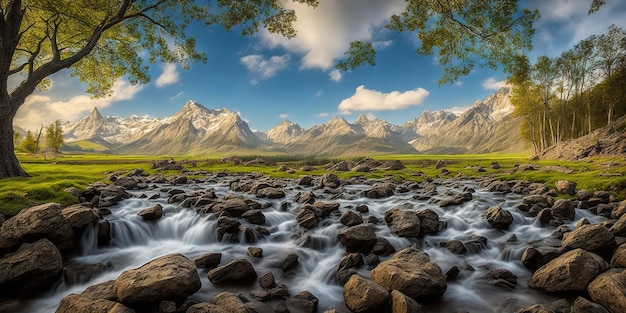 Um rio corre por uma paisagem rochosa com montanhas ao fundo.