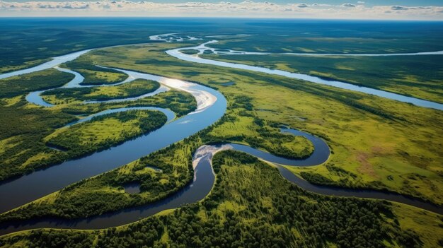 um rio correndo por um campo verde