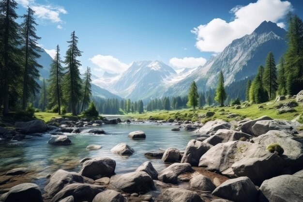 Um rio de montanha rochosa flui através de um vale com uma floresta de coníferas no fundo das montanhas bela paisagem generativa ai