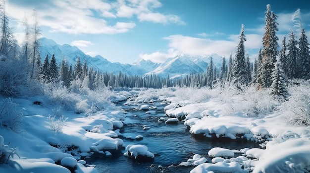 Um rio de neve nas montanhas com uma paisagem de neve ao fundo.