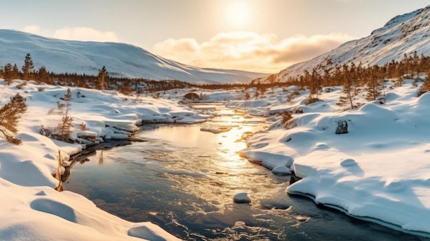 um rio em uma paisagem de neve