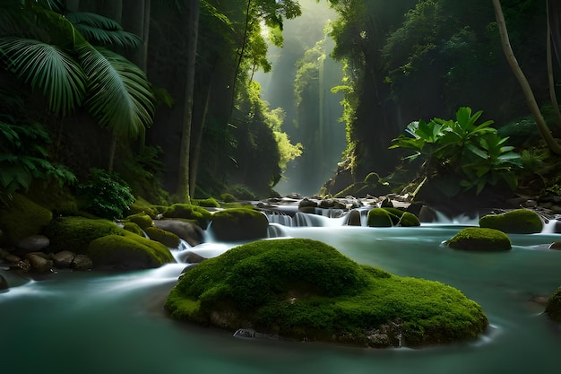 Um rio em uma selva com uma floresta verde e uma cachoeira