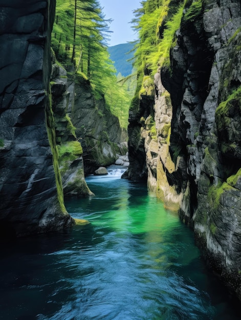 um rio entre pedras com árvores