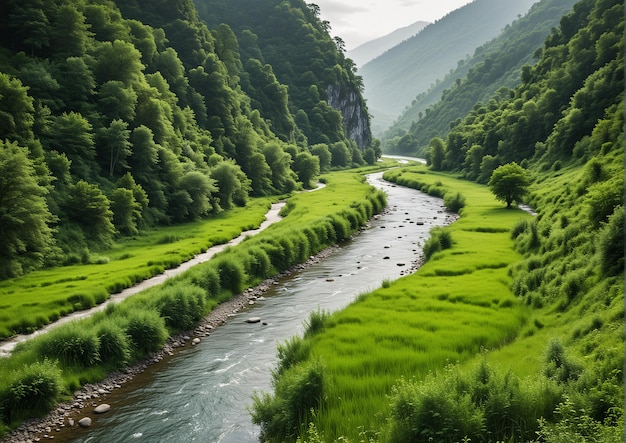 um rio fluente com árvores e montanhas ao fundo