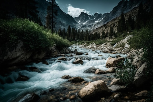 Um rio flui através de uma floresta com montanhas ao fundo representando a beleza da natureza