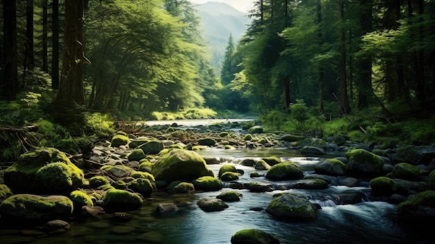 Um rio flui através de uma floresta com pedras e árvores.