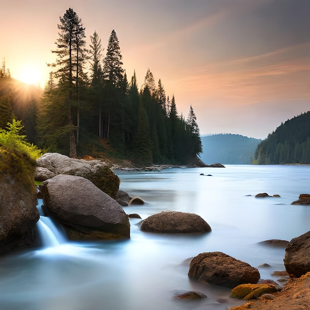 Um rio flui através de uma floresta com um pôr do sol ao fundo.