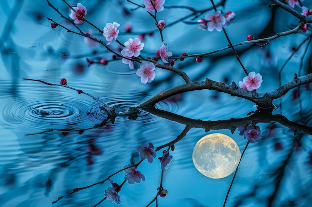 Um rio iluminado pela lua reflete flores de ameixa abstratas suas pétalas se fundem com ondulações borrando fronteiras