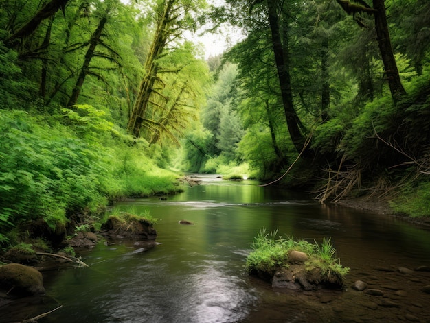 Um rio na floresta com árvores verdes e um rio em primeiro plano