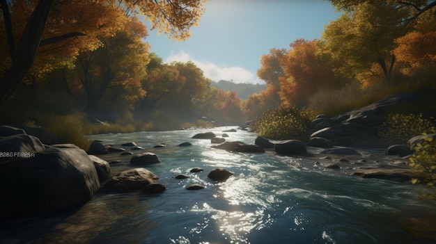 Um rio na floresta com o sol brilhando sobre ele