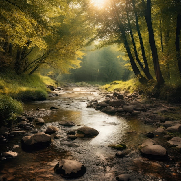 Um rio na floresta com o sol brilhando sobre ele