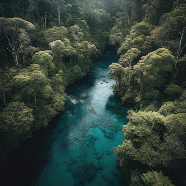 Um rio na floresta com um rio azul em primeiro plano.