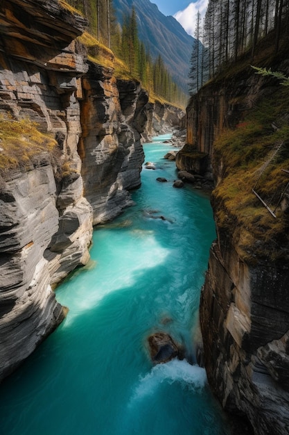 Um rio nas montanhas com um rio azul em primeiro plano