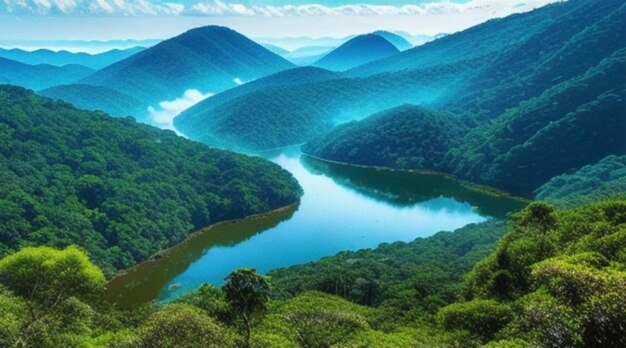 Um rio nas montanhas com uma floresta verde e o céu acima dela