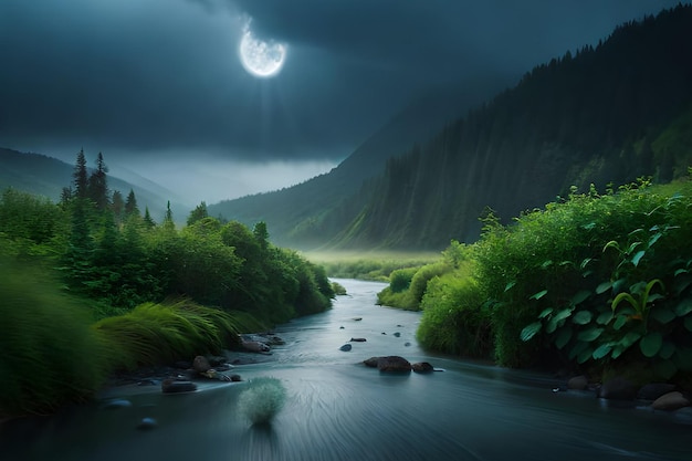 Um rio nas montanhas com uma lua acima dele