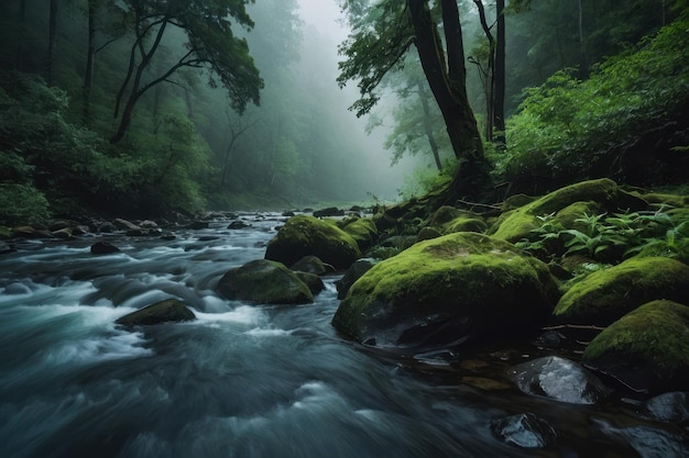 Um rio nebuloso fluindo através de uma floresta verde e exuberante