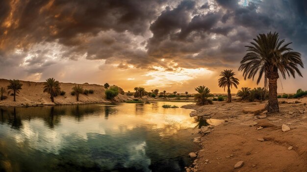 Um rio no deserto com palmeiras em primeiro plano