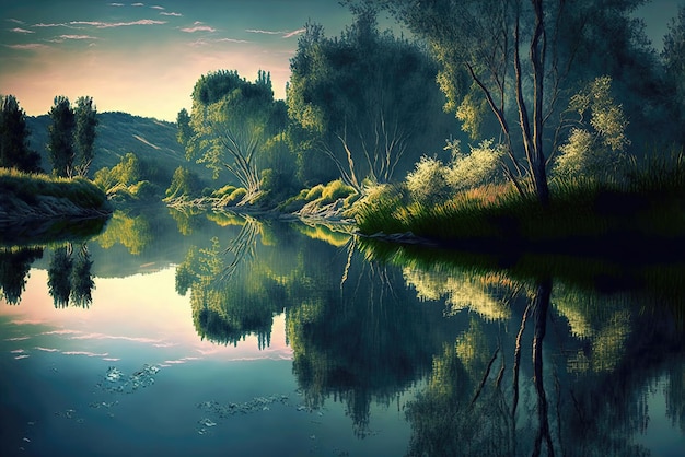 Um rio ou lago com reflexos da natureza circundante