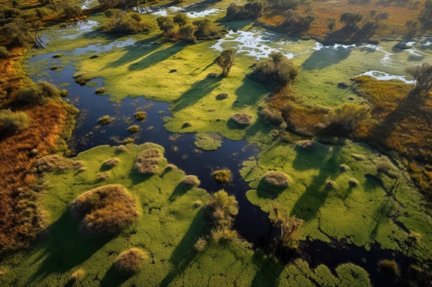 Um rio que corre através de uma IA geradora de campo verdejante