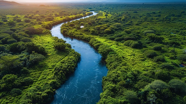 Foto um rio que flui através de uma floresta verde e exuberante