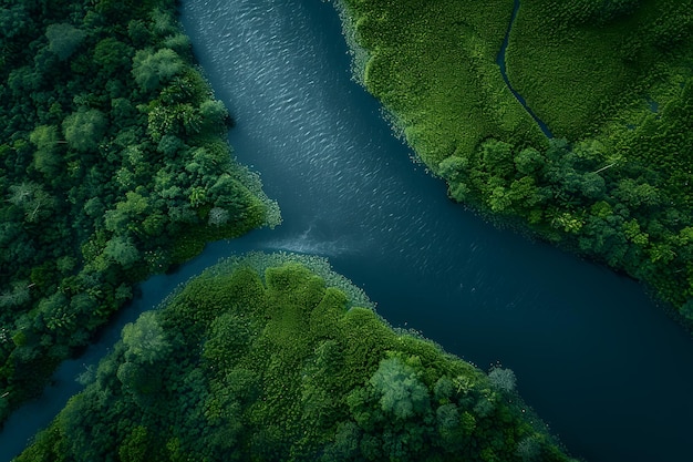 Um rio que flui através de uma floresta verde e exuberante