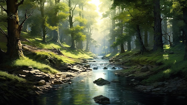 Um rio sereno a correr suavemente através de uma floresta tranquila coberta de sol um curso de água pacífico coberto de luz solar uma floresta serena gerada pela IA