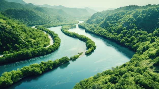 Um rio sereno serpenteando através de uma paisagem de floresta verde e exuberante