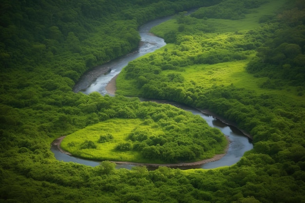 Um rio serpenteando por uma paisagem verdejante