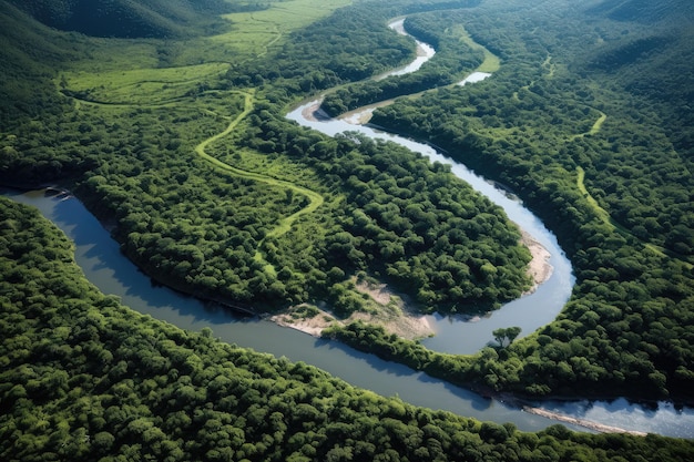 Um rio serpenteante flui através de florestas densas