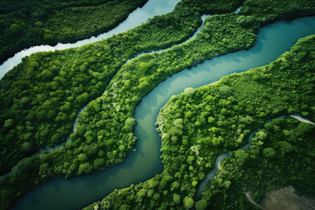 Um rio serpenteante flui através de florestas densas