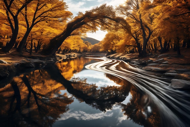 Um rio sinuoso cercado por árvores de outono