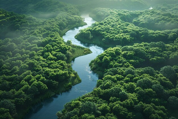 Um rio sinuoso flanqueado por vegetação exuberante