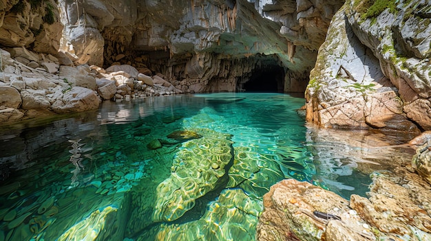 Um rio subterrâneo flui através de uma caverna escura a água é cristalina a caverna está cheia de estalactites e estalagmites