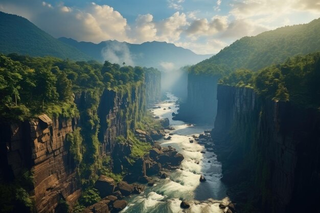 Foto um rio tempestuoso flui no desfiladeiro um vale verde exuberante com árvores em ambos os lados