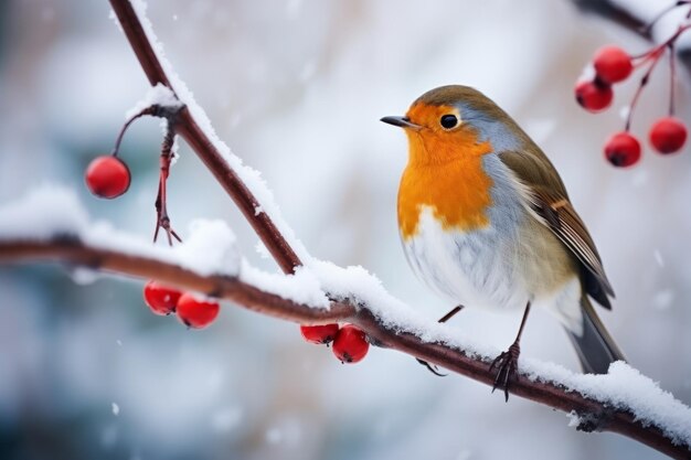 Um robin de peito vermelho vibrante empoleirado em um galho coberto de neve gelada