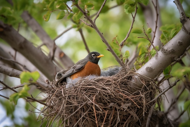 Um robin sentado em um ninho com ovos em um tre