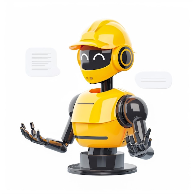 um robô amarelo com um capacete amarelo nele