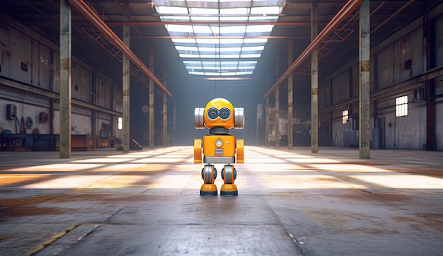 um robô amarelo e laranja está de pé em um armazém vazio no estilo de precisão fotorrealista