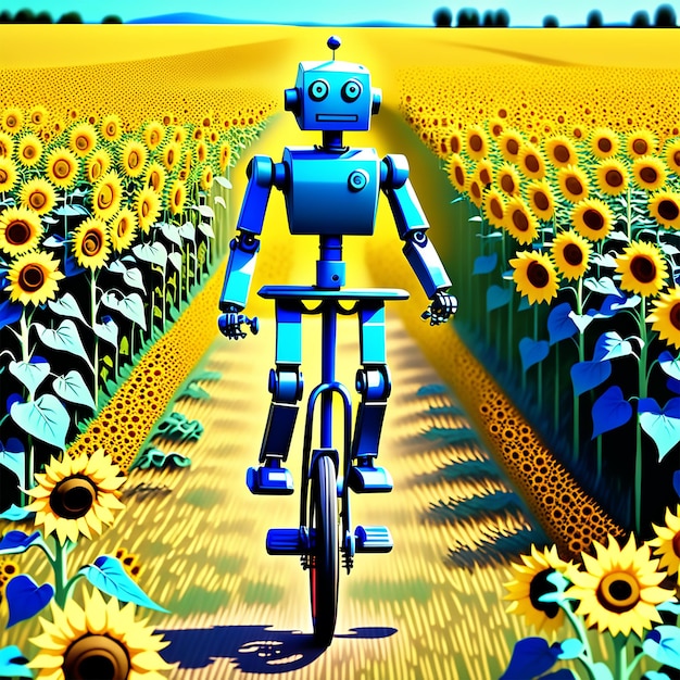 um robô andando de monociclo por um campo de girassóis no estilo de Vincent van Gogh 4k uhd ultr