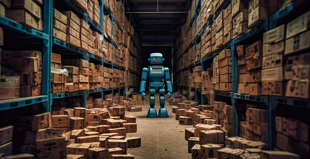 Um robô andando dentro de um armazém vazio