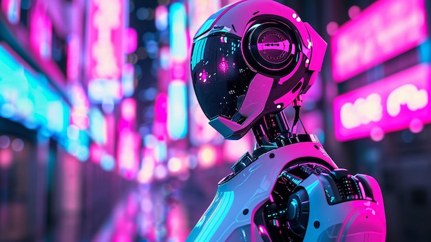 Um robô andróide futurista com olhos brilhantes nas luzes da cidade noturna.