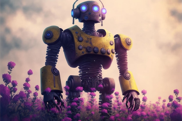 Um robô antigo parado no campo de flores ilustração de estilo de arte digital pintura conceito de fantasia de um robô gigante