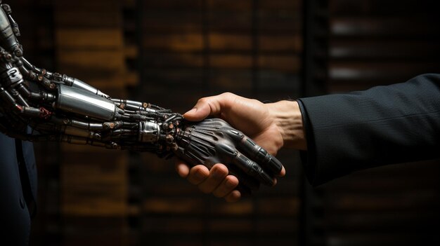 Foto um robô apertando a mão de um homem em close-up