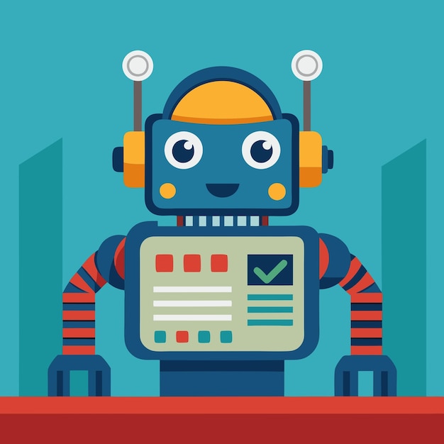 Um robô azul amigável com uma marca de verificação em sua tela