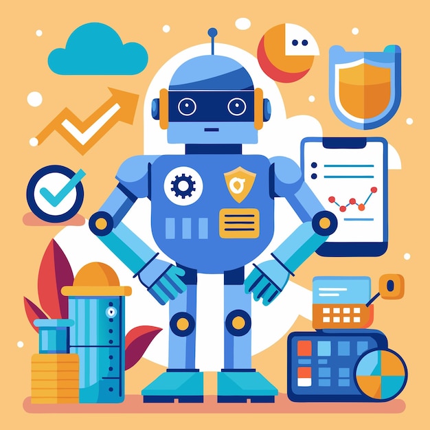 Um robô azul amigável está confiantemente cercado por símbolos de tecnologia e progresso