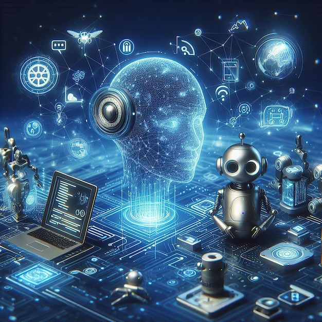 um robô azul com um laptop e uma cabeça alienígena azul nele