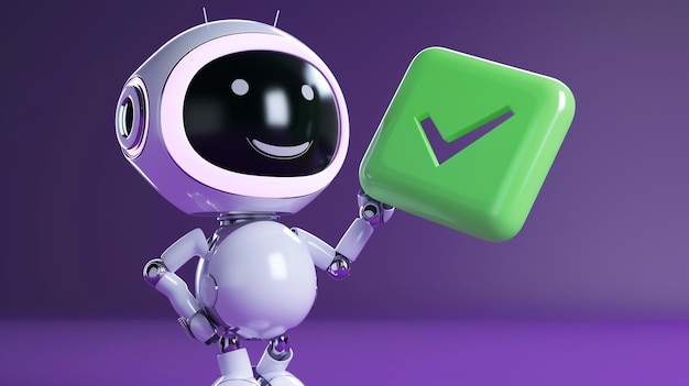 Um robô bonito segurando uma marca de verificação verde O robô está sorrindo e parece feliz O fundo é roxo