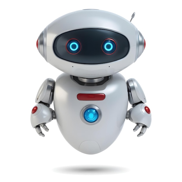 um robô branco com olhos azuis e um botão vermelho em seu rosto