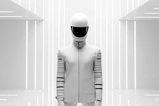 Um robô branco com um capacete branco e uma jaqueta que diz 'capacete branco'