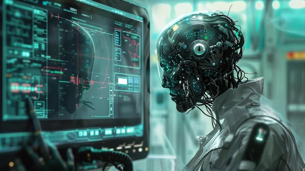 Um robô cientista humanoide está usando um computador em uma sala de pesquisa tecnologia futurista